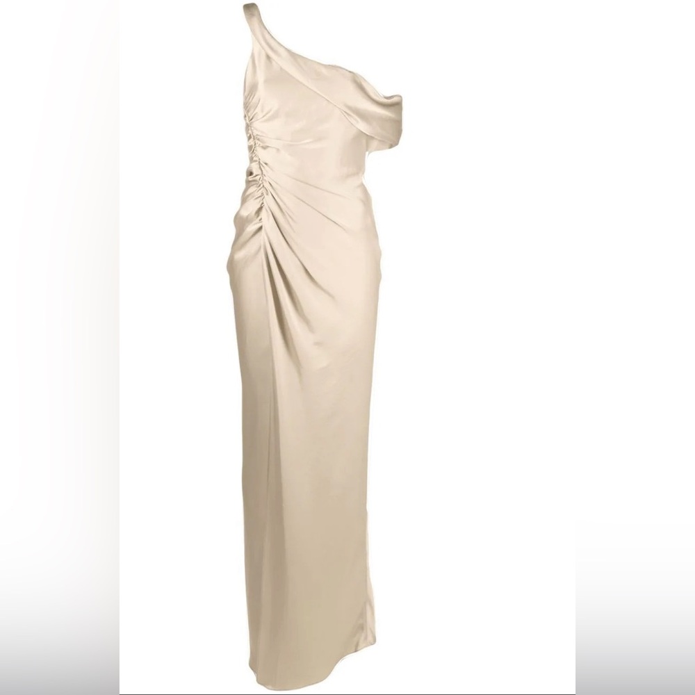 Jonathan Simkhai One-Shoulder Ruched Satin Gown in Taupe - Picture 3 of 7